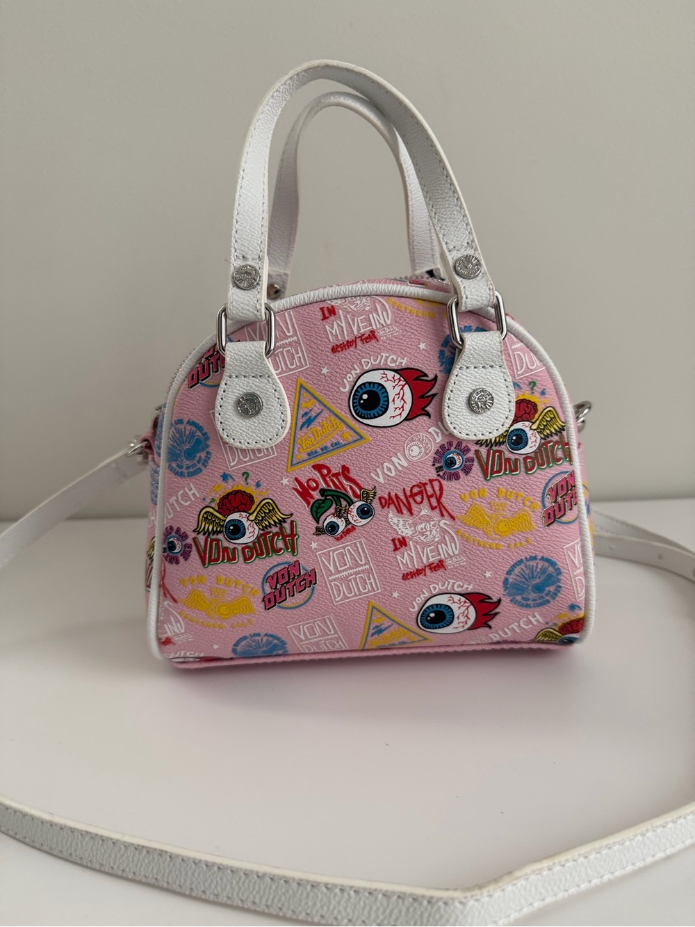 Von Dutch Pink Patterned Kids Satchel with White Handles